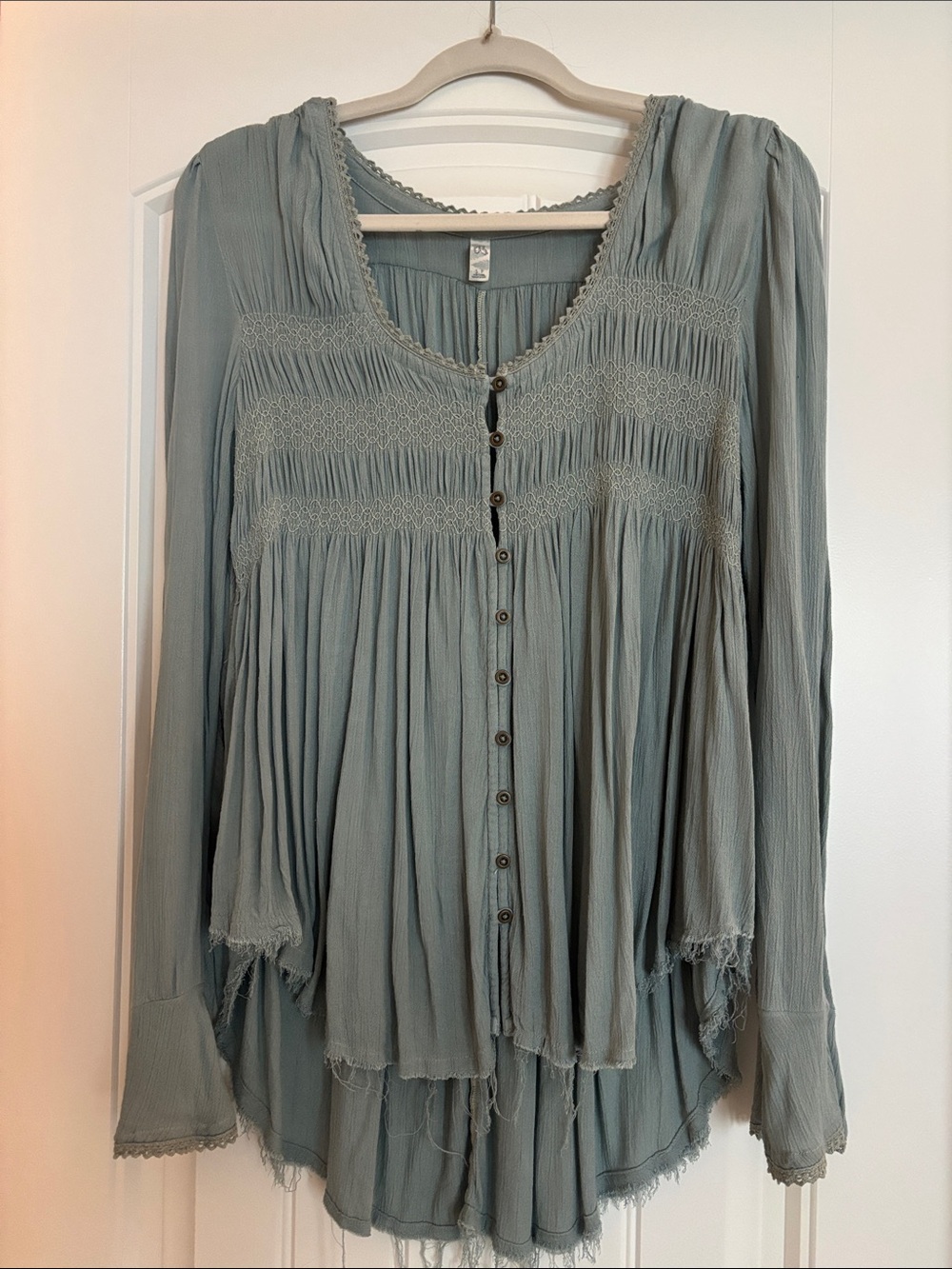 Free People Sage Green Smocked Button-Front Tunic